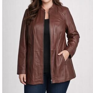 Denim And Co Women's Leather Jacket Large Brown Full Zip